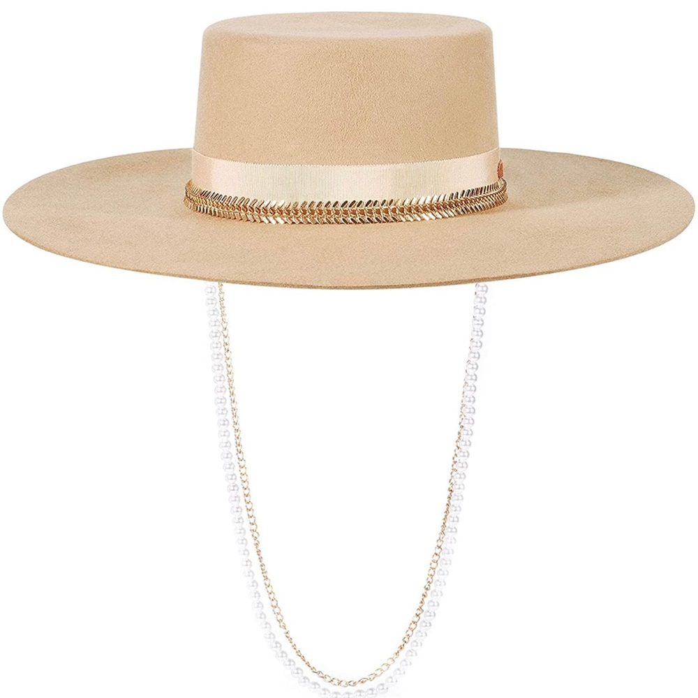 100% Wool Felt Fedora Hat Removable Pearl Metal Chain Wide Brim